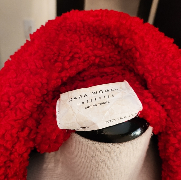 Zara Red Teddy Fuzzy Peacoat Size XS - Picture 2 of 3